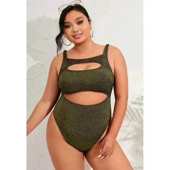 NEW One Piece Swimsuit Size 2X Green Black Ribbed Cutout Square Neck Plus Size - Picture 1 of 9